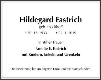 Traueranzeige von Hildegard Fastrich von Mülheimer Woche