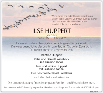 Traueranzeige von Ilse Huppert von WVW Anzeigenblätter
