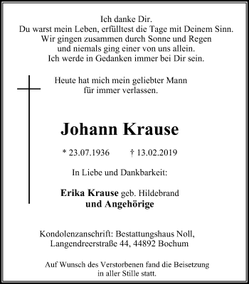 Traueranzeige von Johann Krause von Stadtspiegel Bochum