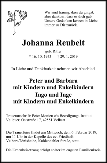 Traueranzeige von Johanna Reubelt von Stadtanzeiger Velbert + Heiligenhaus