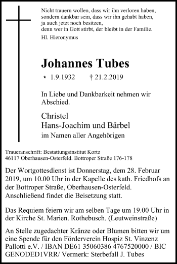 Traueranzeige von Johannes Tubes von Wochen-Anzeiger Oberhausen