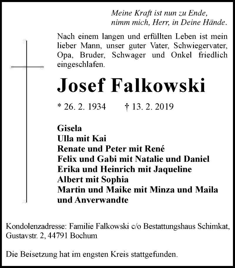 Traueranzeige für Josef Falkowski vom 20.02.2019 aus Stadtspiegel Bochum