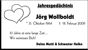 Traueranzeige von Jörg Wollboldt von Stadtspiegel Gladbeck