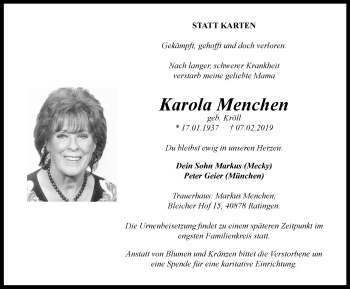 Traueranzeige von Karola Menchen von WVW Anzeigenblätter
