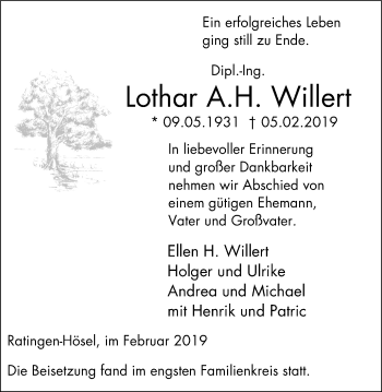Traueranzeige von Lothar Willert von WVW Anzeigenblätter