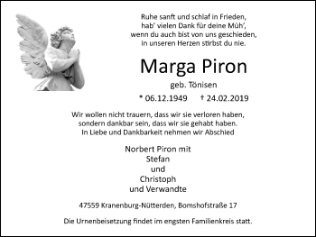 Traueranzeige von Marga Piron von Klever Wochenblatt