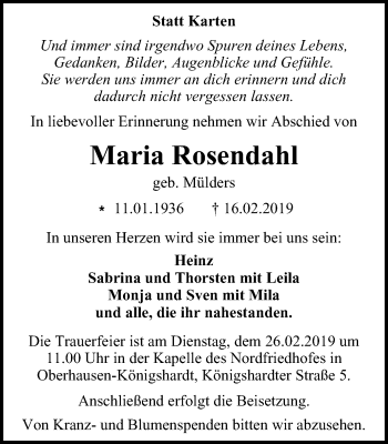 Traueranzeige von Maria Rosendahl von Wochen-Anzeiger Oberhausen