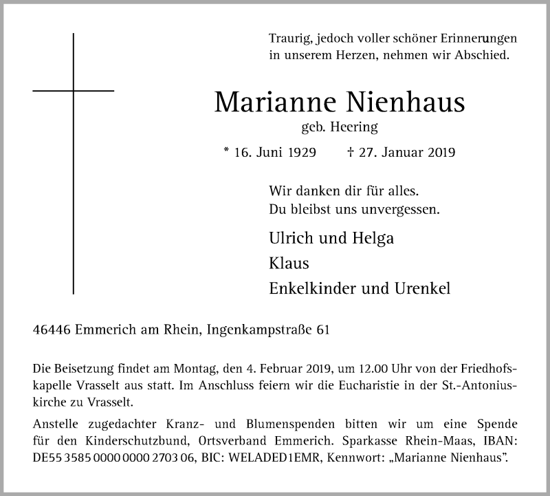  Traueranzeige für Marianne Nienhaus vom 02.02.2019 aus Stadtanzeiger Emmerich/Rees/Isselburg