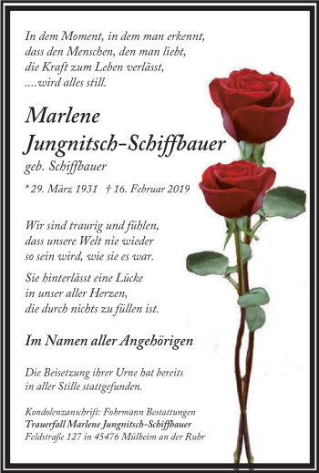 Traueranzeige von Marlene Jungnitsch-Schiffbauer von Mülheimer Woche