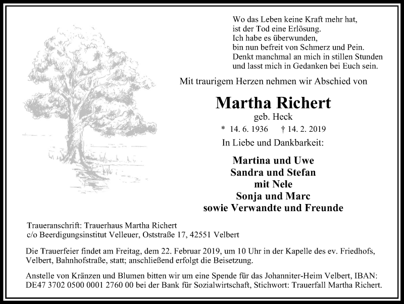 Traueranzeige für Martha Richert vom 20.02.2019 aus Stadtanzeiger Velbert + Heiligenhaus