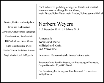 Traueranzeige von Norbert Weyers von Wochen-Anzeiger Oberhausen