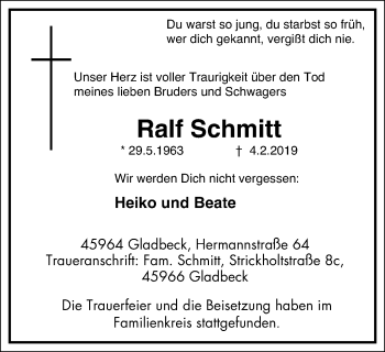 Traueranzeige von Ralf Schmitt von Stadtspiegel Gladbeck
