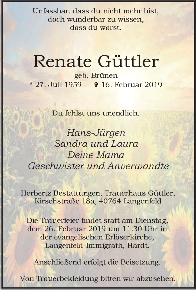  Traueranzeige für Renate Güttler vom 23.02.2019 aus Wochen-Anzeiger Langenfeld/Monheim/Hilden