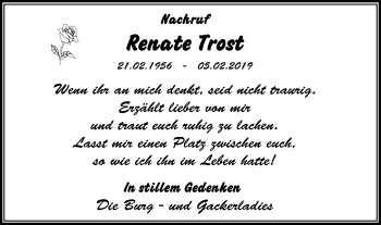 Traueranzeige von Renate Trost von Niederrhein-Anz. Dinsl./Voerde/Hünxe