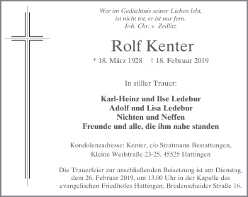 Traueranzeige von Rolf Kenter von Stadtspiegel Hattingen/Niedersprockhövel