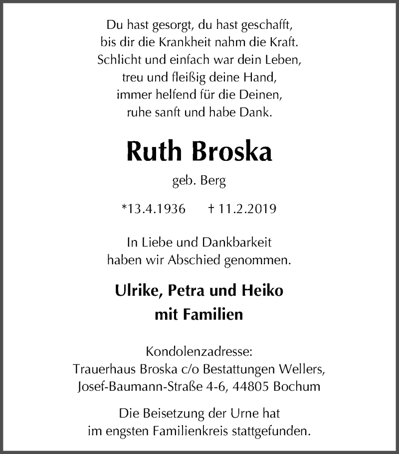  Traueranzeige für Ruth Broska vom 23.02.2019 aus Stadtspiegel Bochum