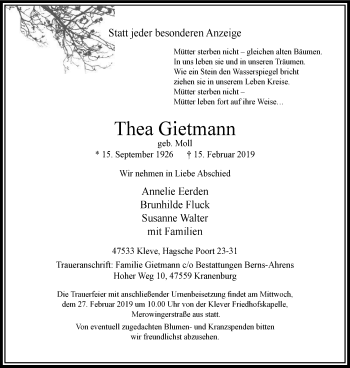 Traueranzeige von Thea Gietmann von Klever Wochenblatt