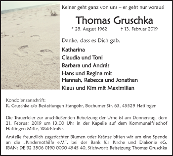 Traueranzeige von Thomas Gruschka von Stadtspiegel Hattingen/Niedersprockhövel