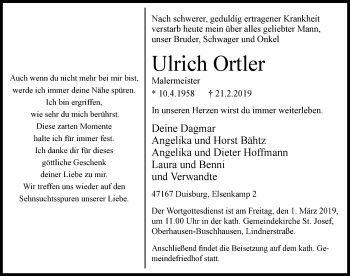 Traueranzeige von Ulrich Ortler von Wochen-Anzeiger Oberhausen