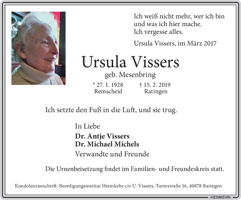  Traueranzeige für Ursula Vissers vom 21.02.2019 aus WVW Anzeigenblätter