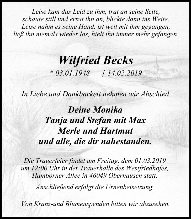  Traueranzeige für Wilfried Becks vom 27.02.2019 aus Wochen-Anzeiger Oberhausen