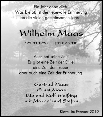 Traueranzeige von Wilhelm Maas von Klever Wochenblatt