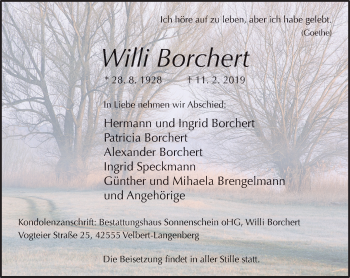 Traueranzeige von Willi Borchert von Stadtanzeiger Velbert + Heiligenhaus