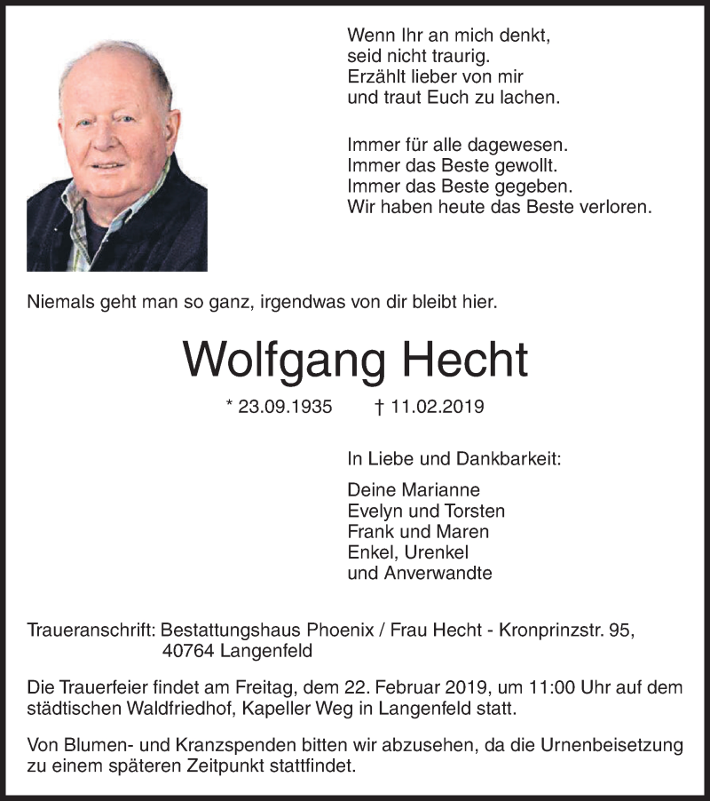  Traueranzeige für Wolfgang Hecht vom 16.02.2019 aus Wochen-Anzeiger Langenfeld/Monheim/Hilden