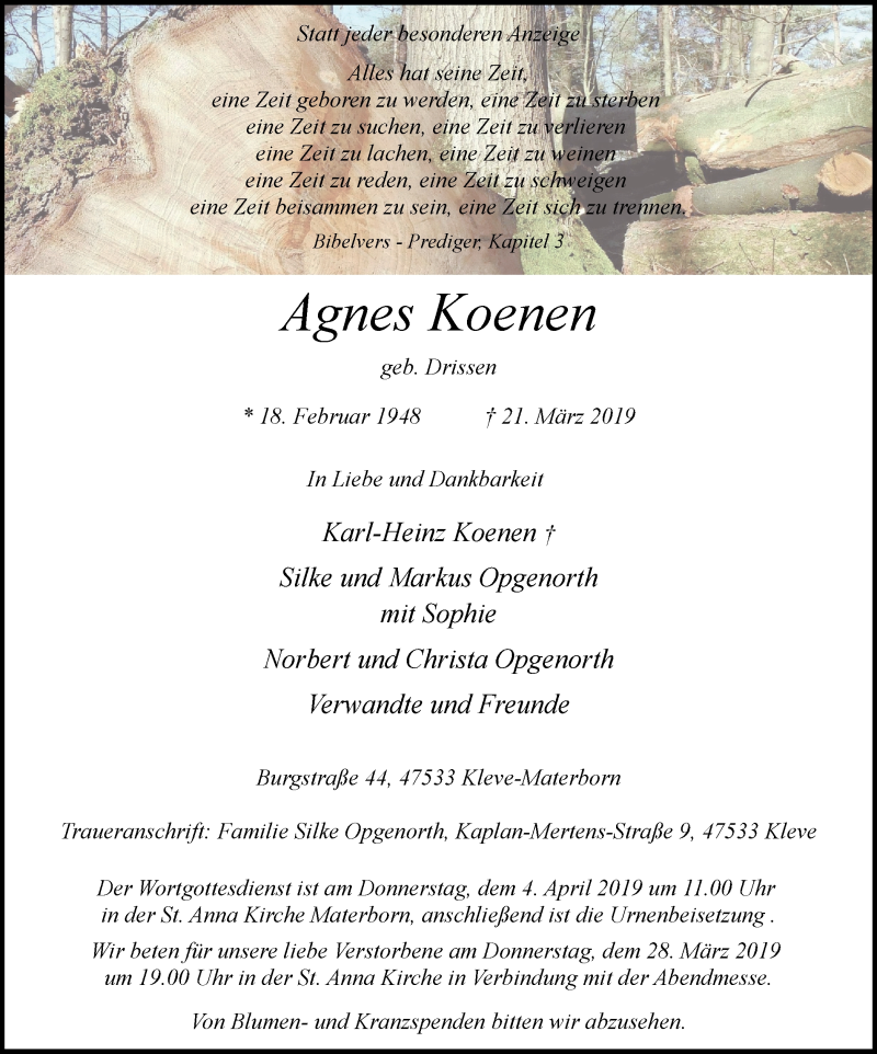  Traueranzeige für Agnes Koenen vom 27.03.2019 aus Klever Wochenblatt