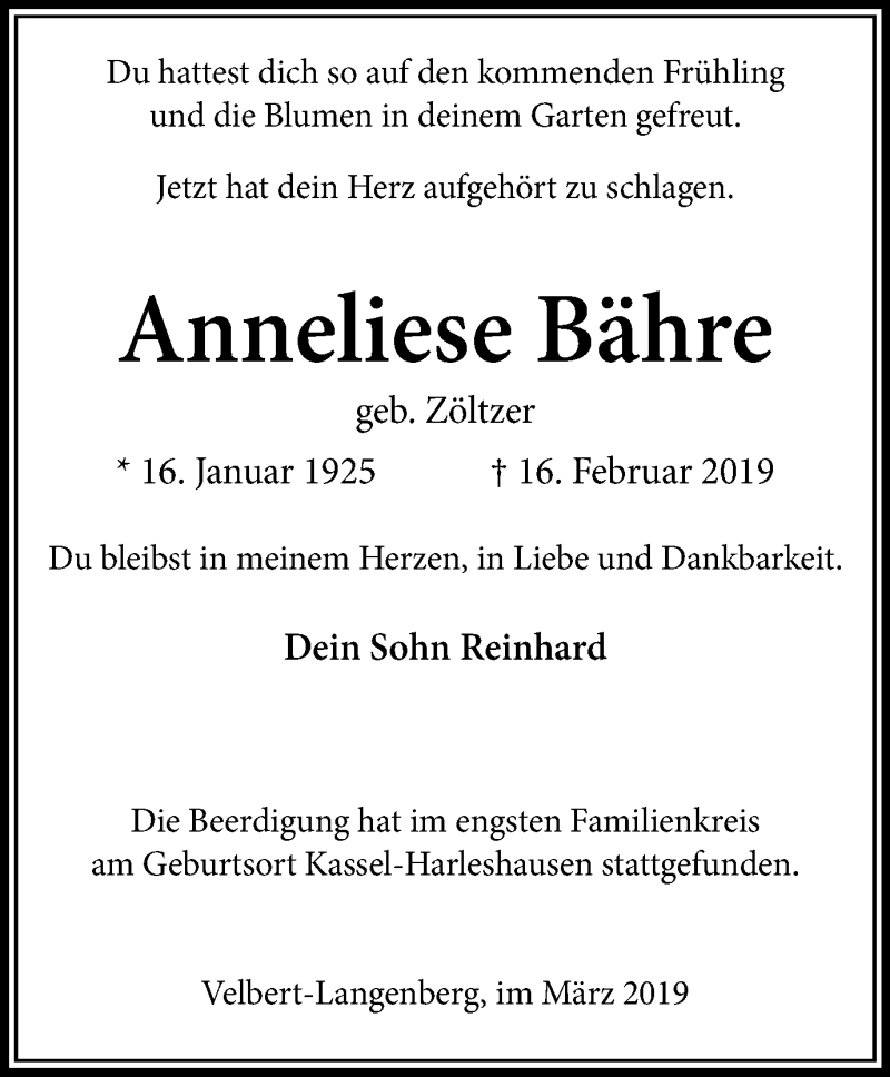  Traueranzeige für Anneliese Bähre vom 02.03.2019 aus Stadtanzeiger Velbert + Heiligenhaus