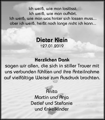 Traueranzeige von Dieter Klein von Stadtspiegel Menden + Froendenberg