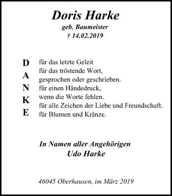 Traueranzeige von Doris Harke von Wochen-Anzeiger Oberhausen