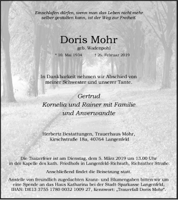 Traueranzeige von Doris Mohr von Wochen-Anzeiger Langenfeld/Monheim/Hilden