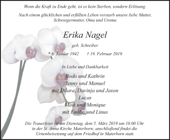 Traueranzeige von Erika Nagel von Klever Wochenblatt