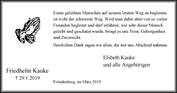 Traueranzeige von Friedhelm Kauke von Stadtspiegel Menden + Froendenberg