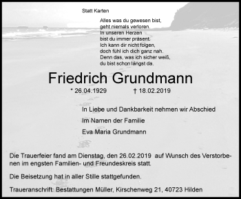 Traueranzeige von Friedrich Grundmann von Wochen-Anzeiger Langenfeld/Monheim/Hilden