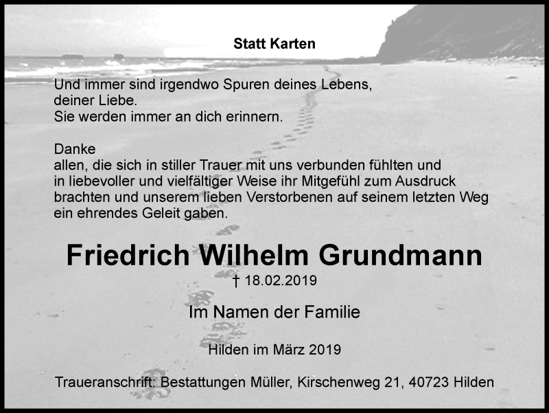  Traueranzeige für Friedrich Wilhelm Grundmann vom 16.03.2019 aus Wochen-Anzeiger Langenfeld/Monheim/Hilden