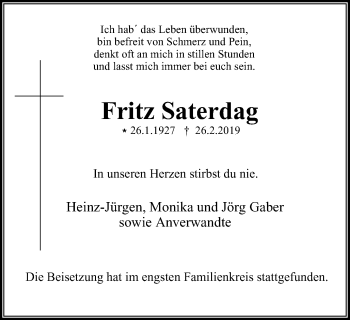 Traueranzeige von Fritz Saterdag von Stadtspiegel Bochum