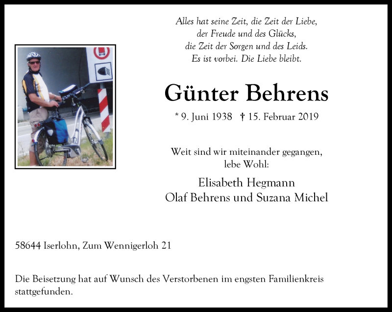  Traueranzeige für Günter Behrens vom 02.03.2019 aus Stadtspiegel Iserlohn + Hemer