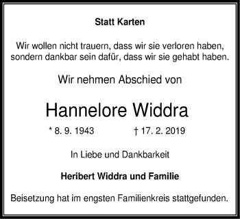 Traueranzeige von Hannelore Widdra von Stadtspiegel Gelsenkirchen