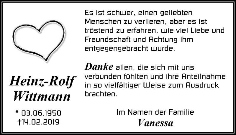  Traueranzeige für Heinz-Rolf Wittmann vom 06.03.2019 aus Stadtanz.Castrop-Rauxel