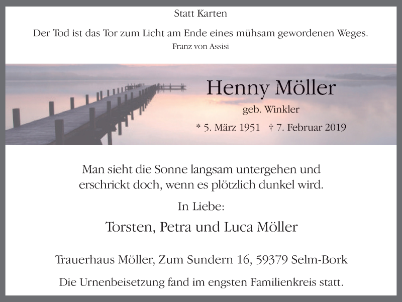  Traueranzeige für Henny Möller vom 09.03.2019 aus Lüner Anzeiger