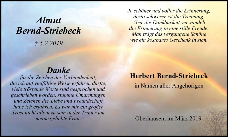  Traueranzeige für Herbert Bernd-Striebeck vom 23.03.2019 aus Wochen-Anzeiger Oberhausen