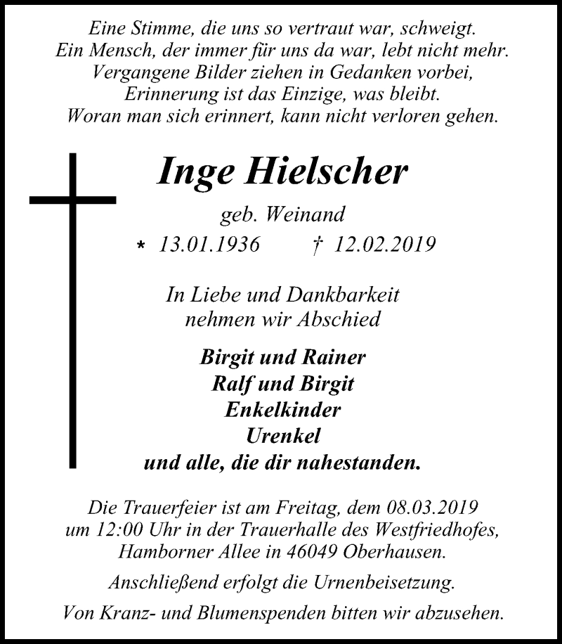  Traueranzeige für Inge Hielscher vom 02.03.2019 aus Wochen-Anzeiger Oberhausen
