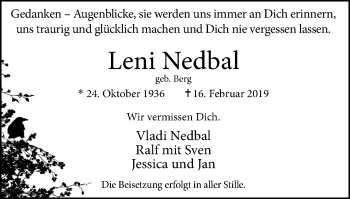 Traueranzeige von Leni Nedbal von Wochen-Anzeiger Langenfeld/Monheim/Hilden
