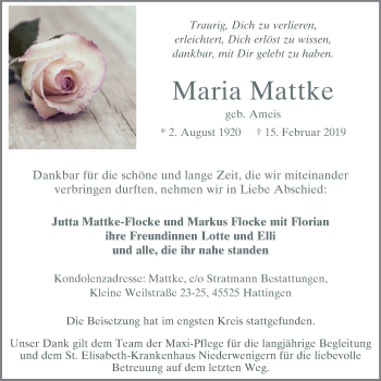 Traueranzeige von Maria Mattke von Stadtspiegel Hattingen/Niedersprockhövel