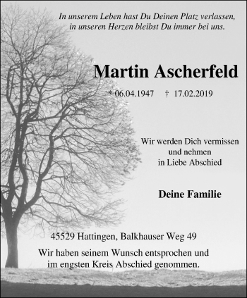 Traueranzeige von Martin Ascherfeld von Stadtspiegel Hattingen/Niedersprockhövel