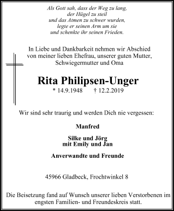 Traueranzeige von Rita Philipsen-Unger von Stadtspiegel Gladbeck