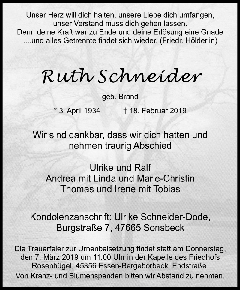  Traueranzeige für Ruth Schneider vom 02.03.2019 aus Borbeck Kurier