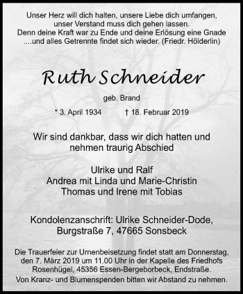 Traueranzeige von Ruth Schneider von Borbeck Kurier